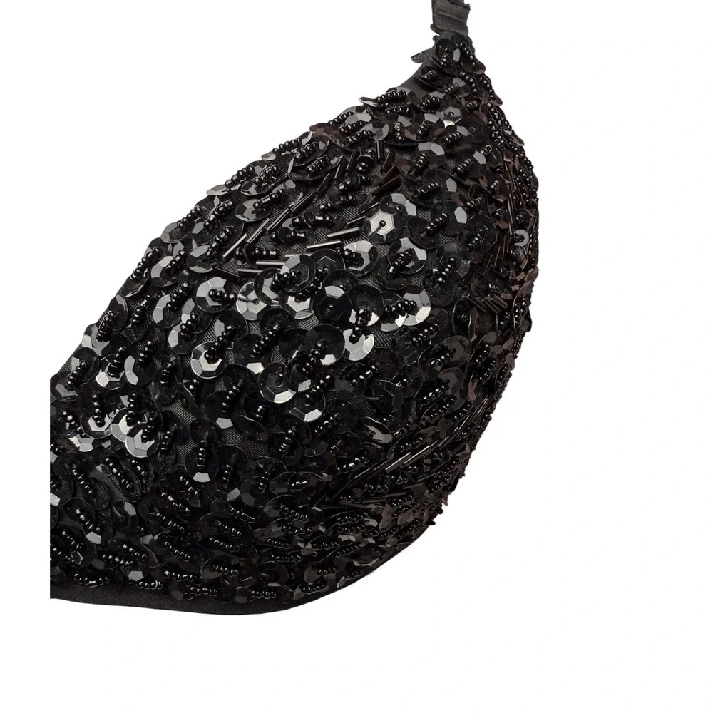 Black Beaded Sequin Bra 38 Band‎ Dance Costume Festival Rave Padded Convertible